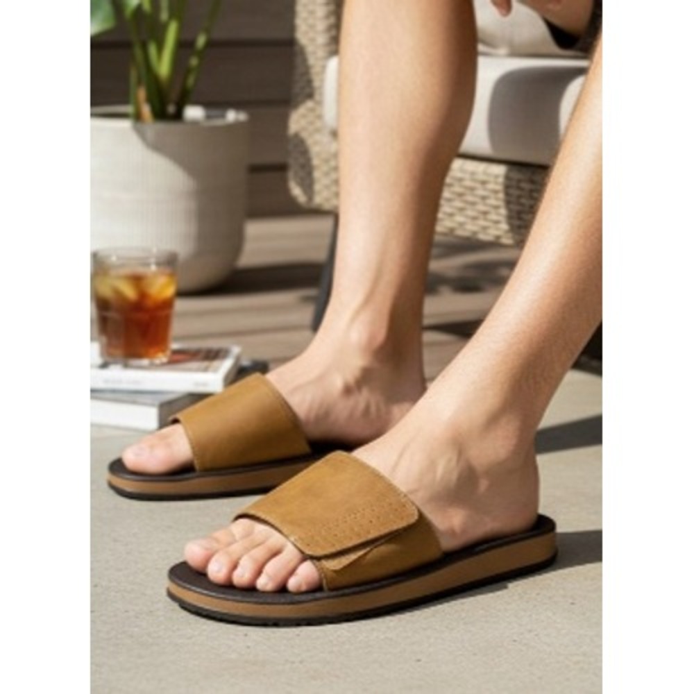 George Mens 11 Slide Sandals Tan Brown Adjustable Strap Comfort Slides Sanitized